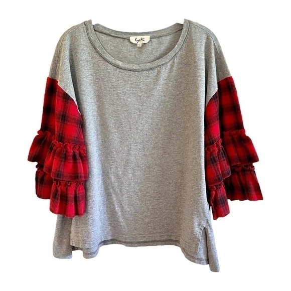 KYE MI, WOMENS,FULL,GREY TOP WITH RED& BLACK PLAID, 2 TIER RUFFLE SLEEVES.SIZE L - Picture 1 of 6
